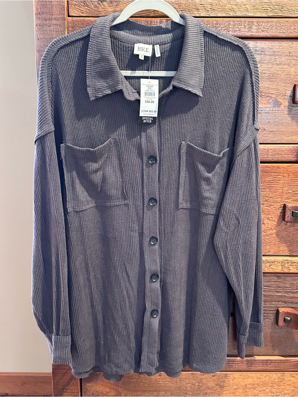 BKE Long-Sleeve Ribbed Button-Up Shirt Jacket - Charcoal